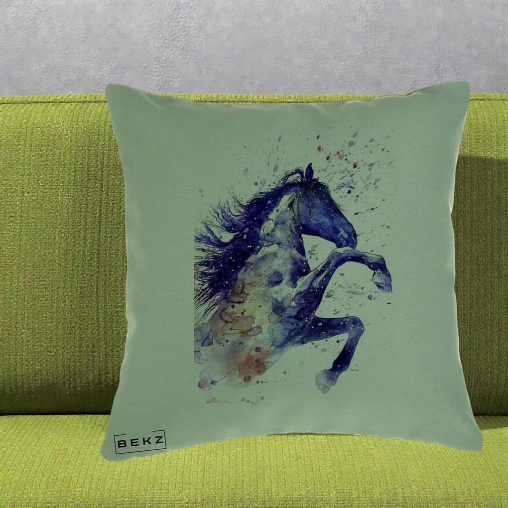 Perna Decorativa Cal Albastru Acuarela, 40x40 cm, Verde, Husa Detasabila, Perna Inclusa, BEKZ®