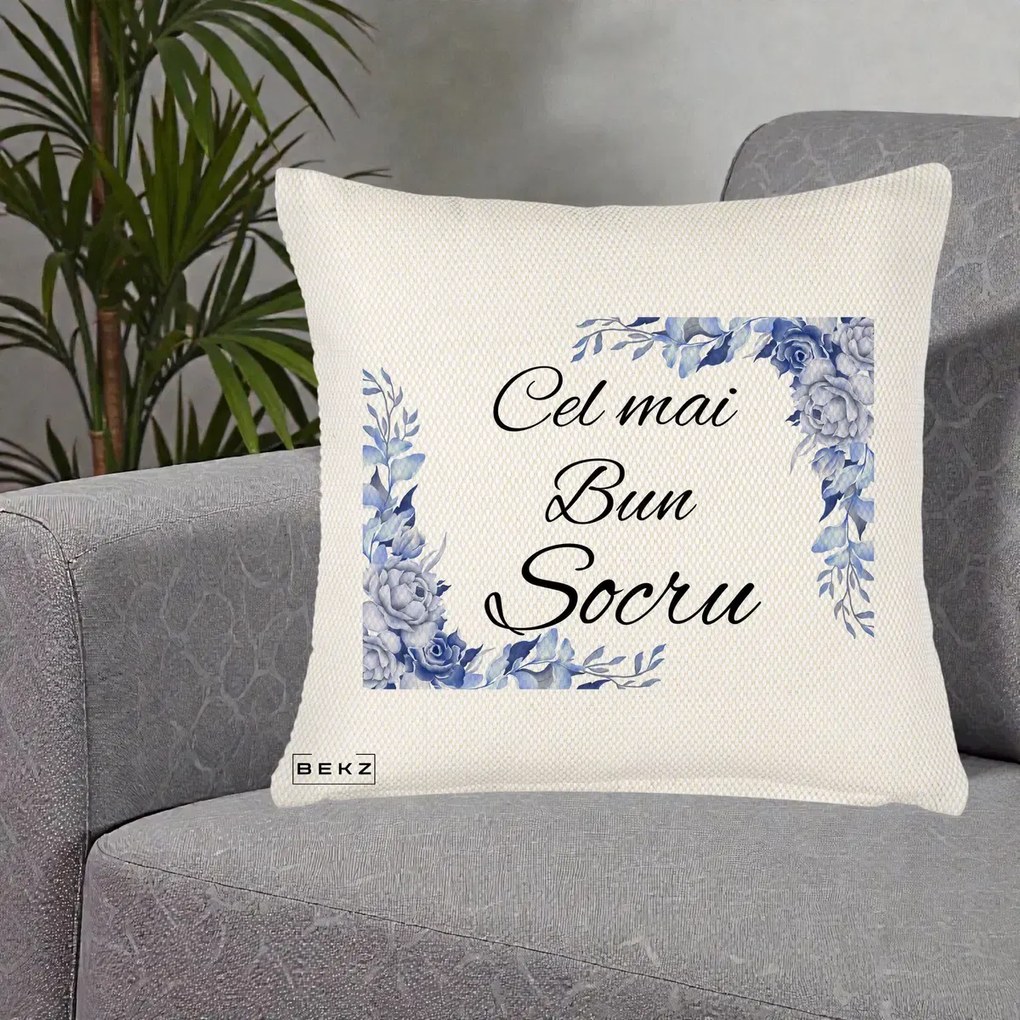 Cadou pentru Socru - Perna Personalizata Cel mai Bun Socru cu Flori Albastre Acuarela, 40x40 cm, Crem Reliefat, Husa Detasabila, Perna Inclusa, BEKZ®