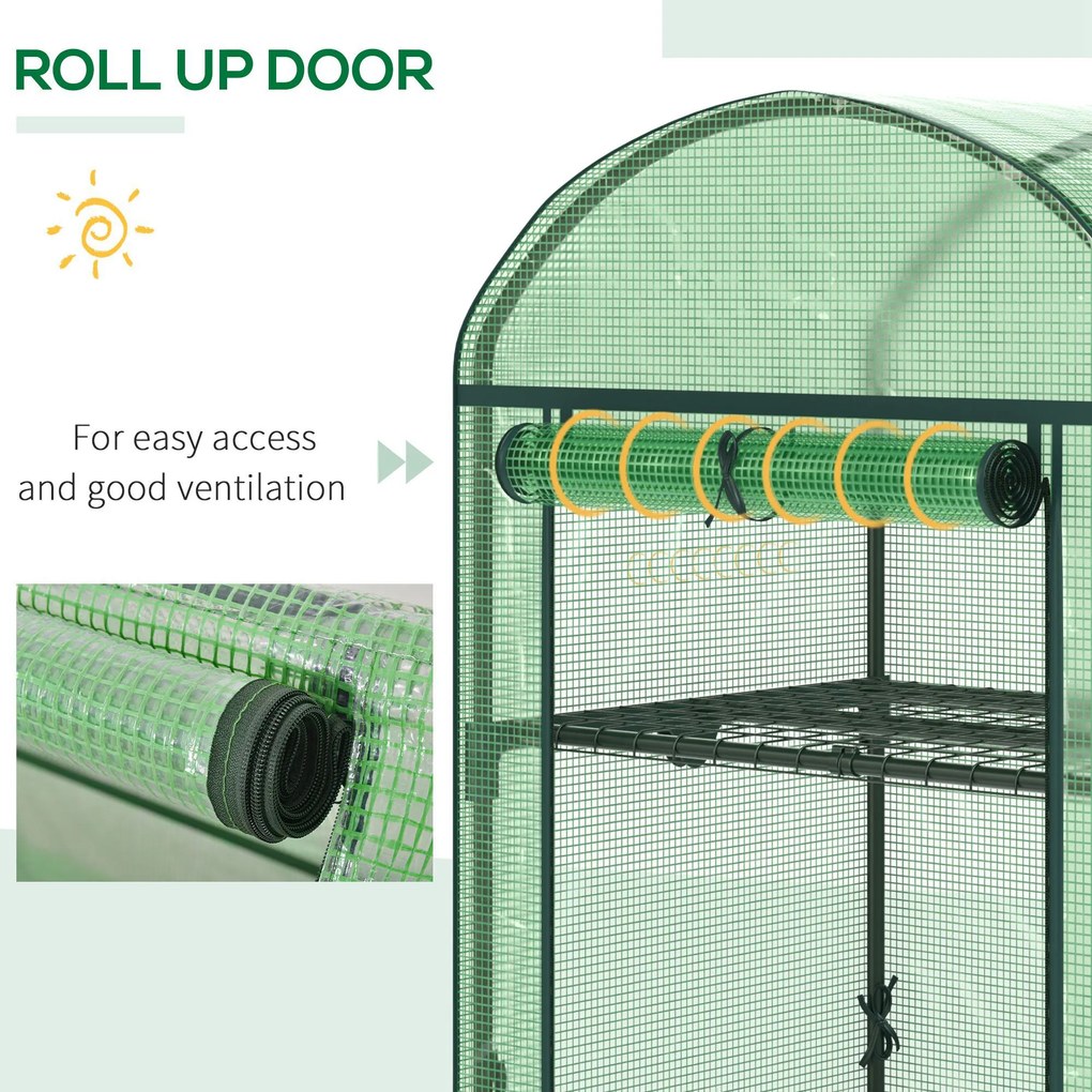 Outsunny Mini Seră de Grădină cu 2 Rafturi Metalice și Acoperiș PE, Seră Compactă pentru Balcon și Terasă, 69x49x91 cm, Verde | Aosom Romania