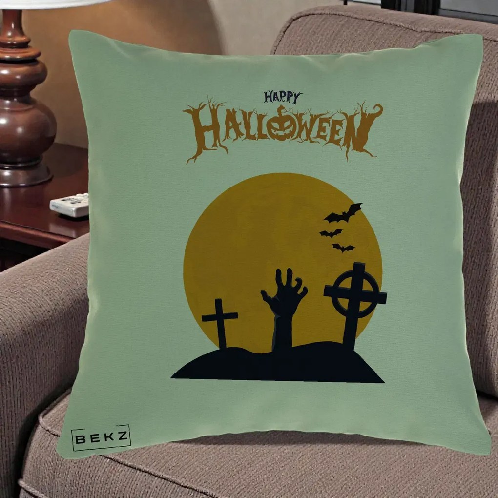 Perna Decorativa Happy Halloween Cimitir cu Luna, 40x40 cm, Verde, Husa Detasabila, Perna Inclusa, BEKZ®
