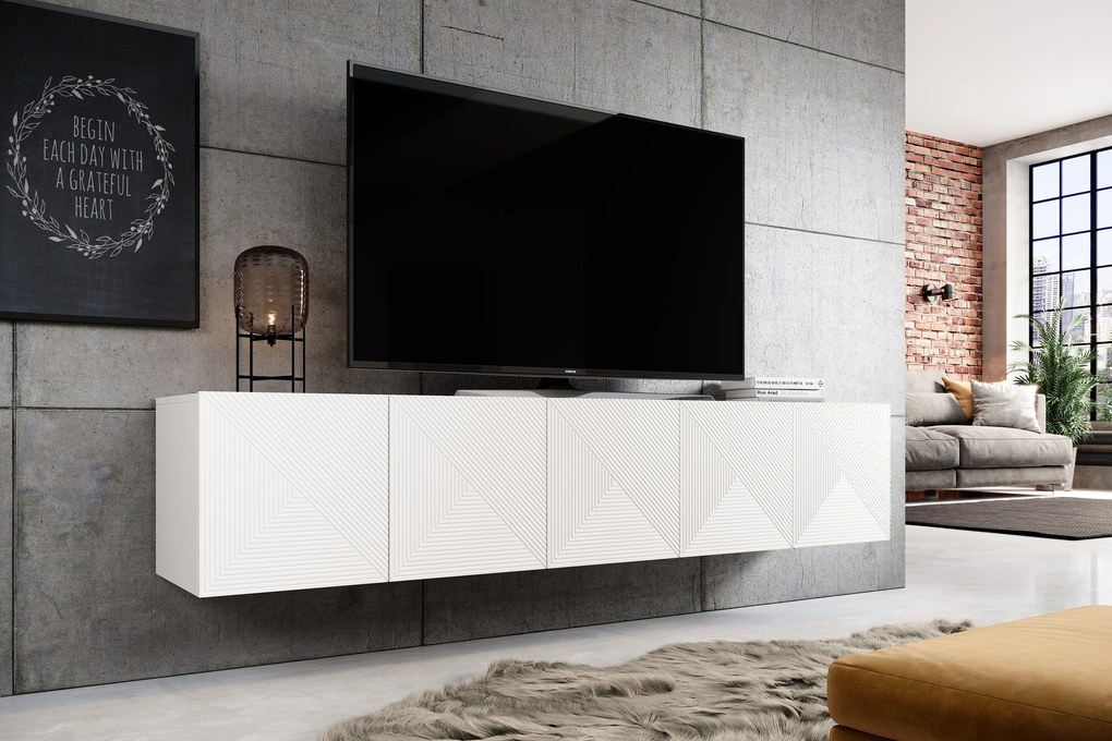 Comodă TV suspendată Asha 200 cm cu front canelat - alb mat