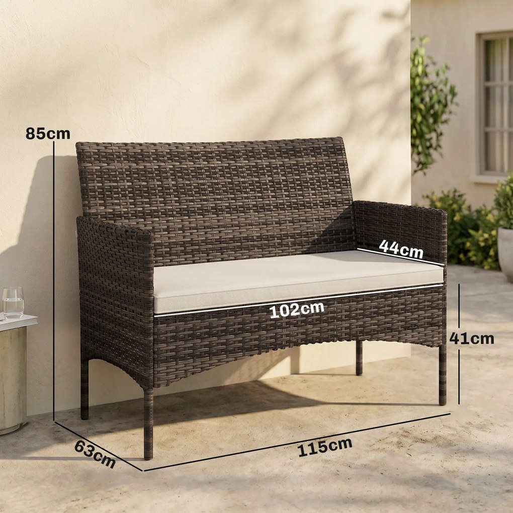 Outsunny Canapea de Grădină 2 Locuri cu Perne și Tampoane Antiderapante, din Ratan și Oțel, 115x63x85 cm, Bej | Aosom Romania