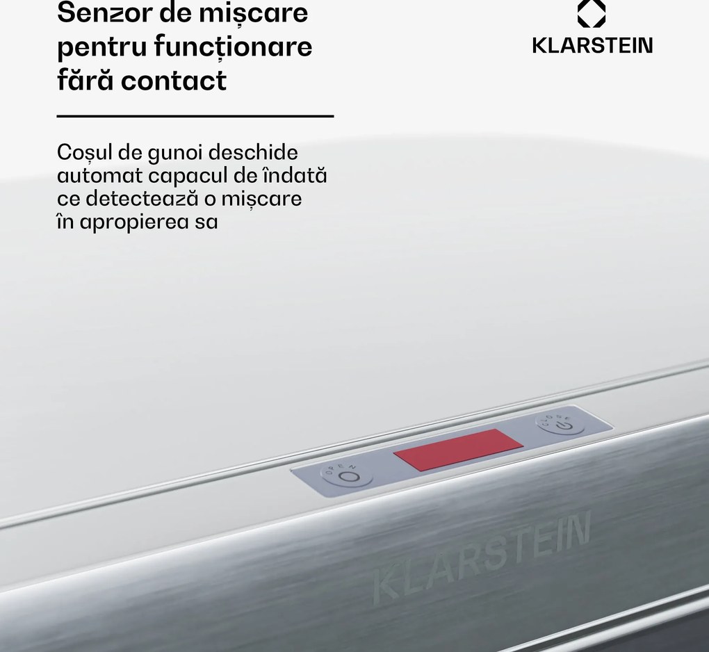 Klarstein Coș de gunoi fără atingere, cu senzor, 56 l, din oțel inoxidabil, închidere ușoară, cu baterii, afișaj LED, temporizator