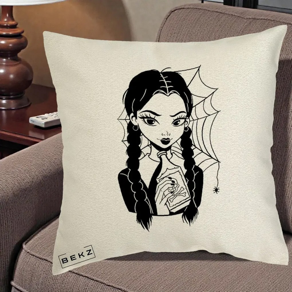 Perna Personalizata Wednesday cu Panza de Paianjen, 40x40 cm, Ecru, Husa Detasabila, Perna Inclusa, BEKZ®