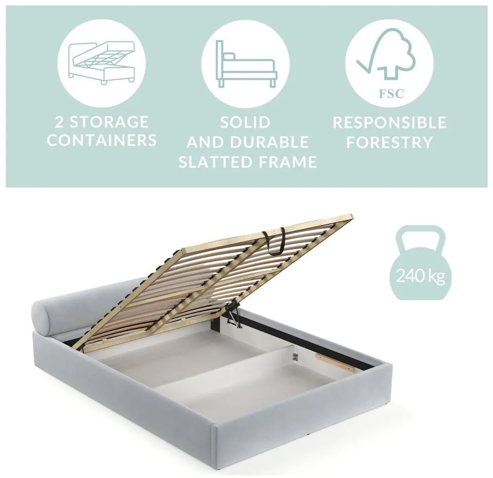 Pat matrimonial gri deschis tapițat cu spațiu de depozitare cu somieră 200x200 cm Solvo – Maison de Rêve
