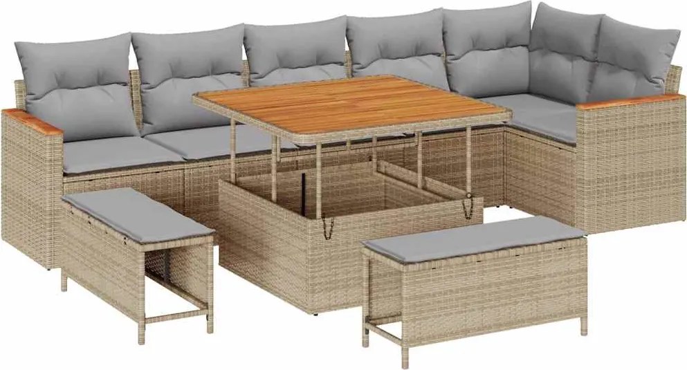 vidaXL Set de canapele pentru grădină cu pernă 9 pcs Bej Rattan poli