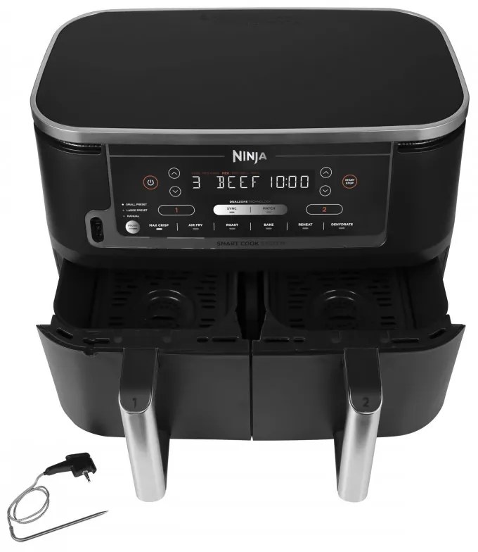 Friteuza dubla cu aer cald Ninja AF451EU, 2470W, 9.5L, 6 programe, Zone independente, Sincronizare, Negru