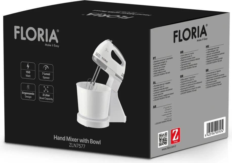 Mixer cu bol Floria ZLN7577 ALB, 7 viteze, Bol plastic 2 Litri, Putere 150W, ALB