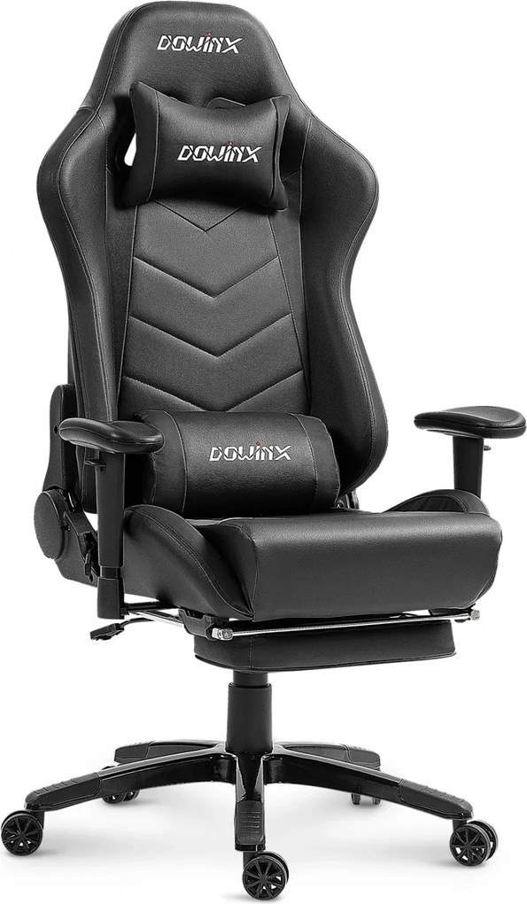 RESIGILAT- DOWINX Scaun gaming, ergonomic, suport lombar cu masaj, spătar rabatabil 90-180°, cotiere reglabile, suport pentru picioare, rezistent 150 kg, piele PU, Negru