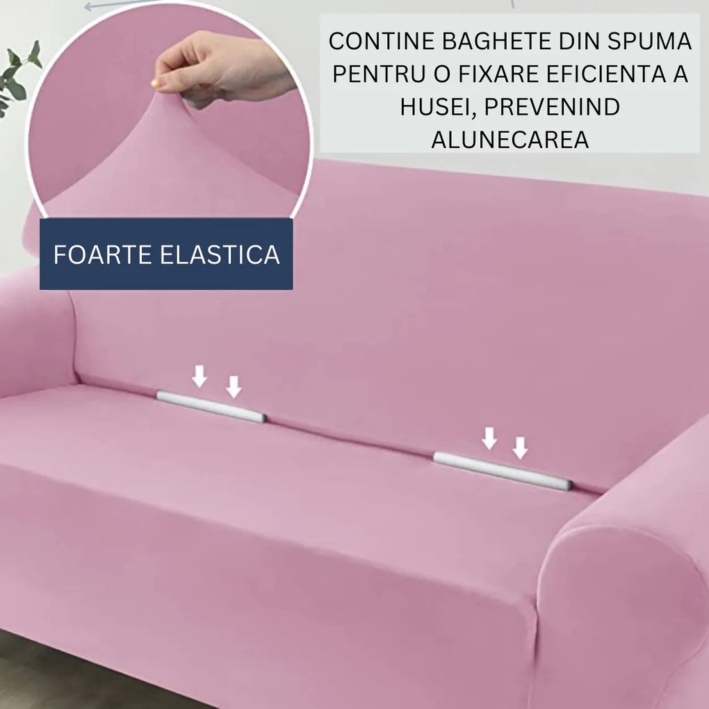 Set huse elastice din catifea pentru canapea 3 locuri + 2 fotolii, cu brate, roz, HCCJS-08