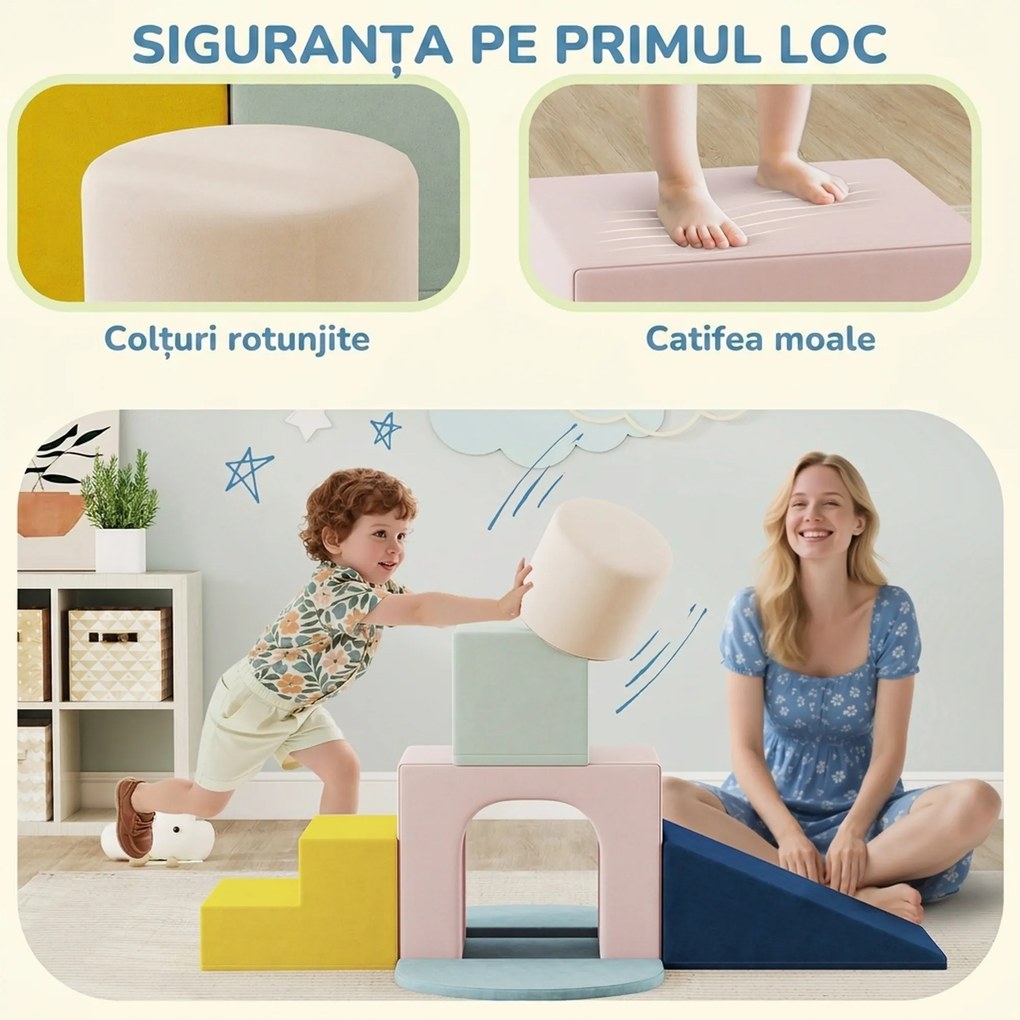 AIYAPLAY Set 8 Blocuri Moi pentru Copii 0-3 Ani de Interior, din Catifea și Spumă PU Portocalie | Aosom Romania
