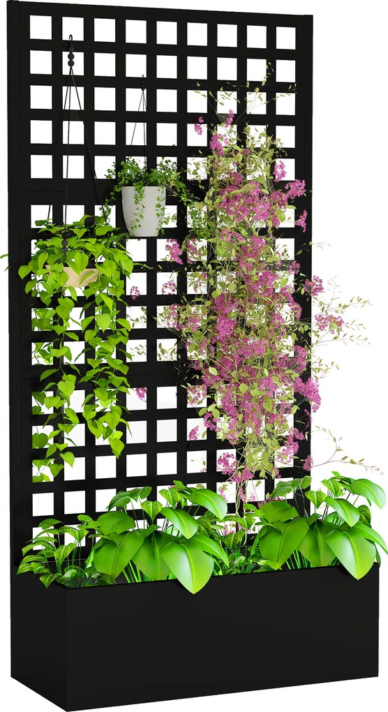 Outsunny Jardinieră cu spalier, paravan de intimitate, pat ridicat pentru grădină din oțel galvanizat, pentru plante cățărătoare, 89x40x178cm, negru | Aosom Romania