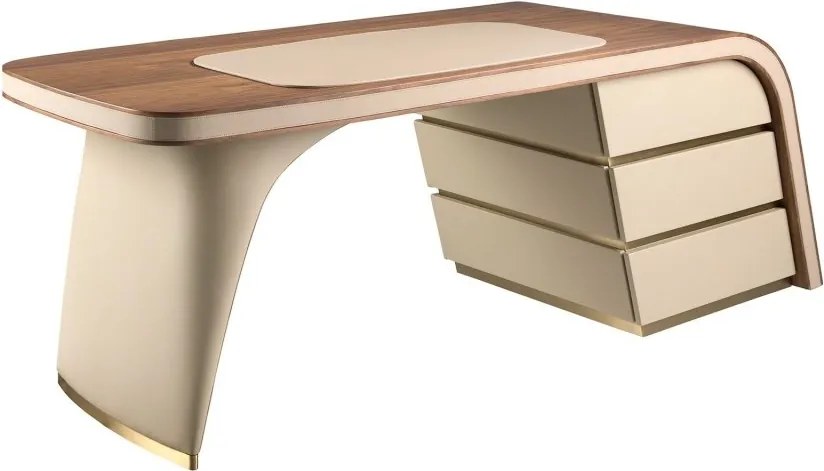 Birou cu design modern din lemn furniruit si piele sintetica Cream