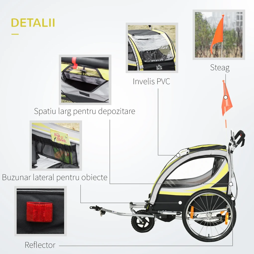 HOMCOM Remorca pentru bicicleta pentru copii 2 in 1, centura in 5 puncte, geanta de depozitare, reflector, steag, galben | Aosom Romania