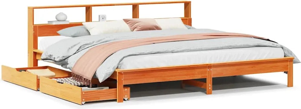 vidaXL Pat cu bibliotecă fără saltea maro 200x200 cm lemn masiv de pin