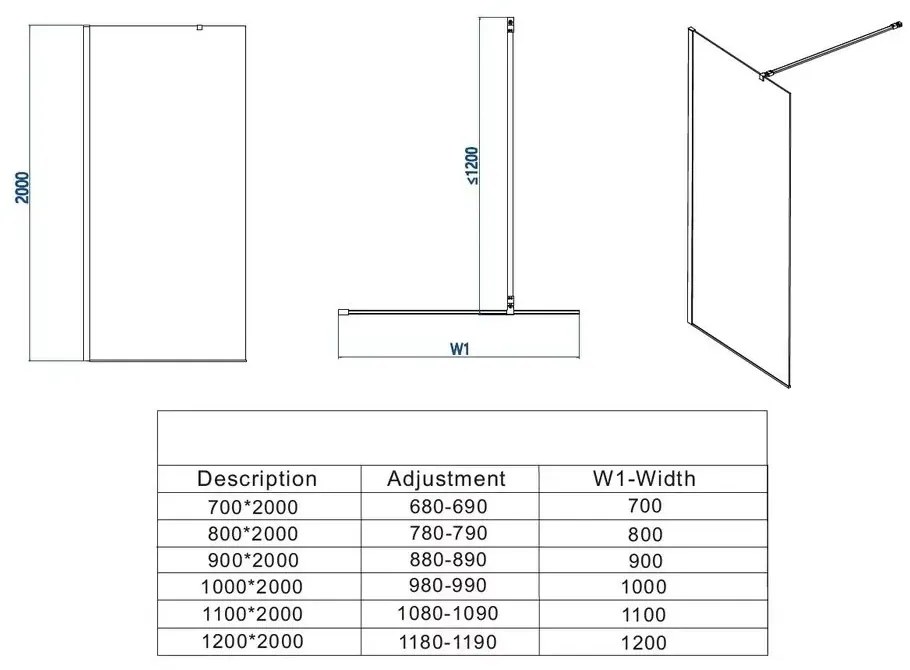 Paravan de dus tip Walk-in 70Ã 200 cm 8 mm profil negru mat