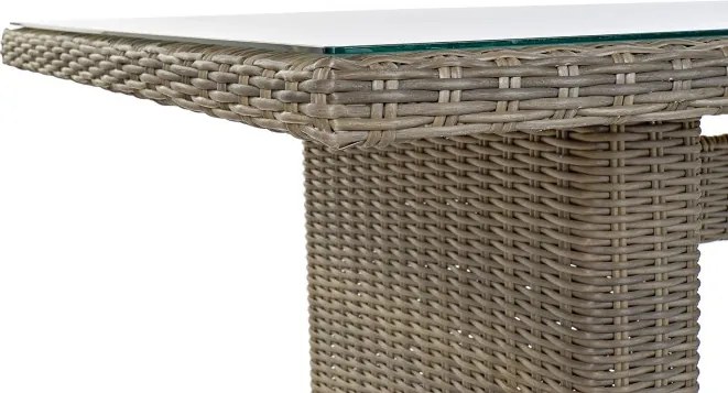 Set dining exterior din metal și sticlă, masă + 5 scaune, polirattan și stofă