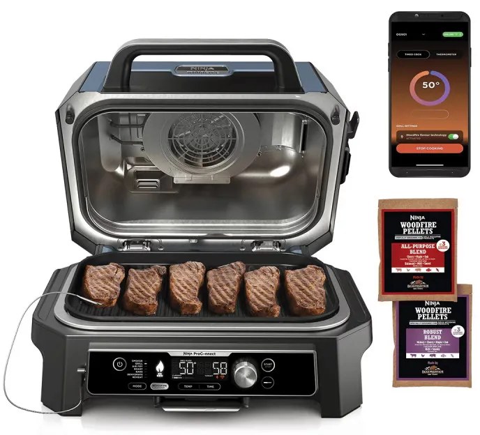 Gratar electric Ninja OG901EU, SMART, 1700W, 7 programe, 45x29 cm, 260C, Ceramica Plocha, Tehnologie Woodfire, IPX4, Negru/Albastru