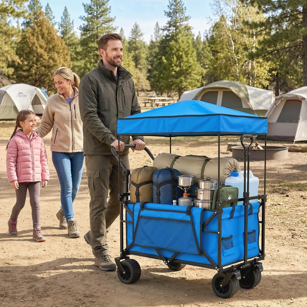 Outsunny Cărucior de grădină pliabil cu roți mari blocabile bară reglabilă suport pentru pahare pentru camping 125x59x133 cm Albastru | Aosom Romania