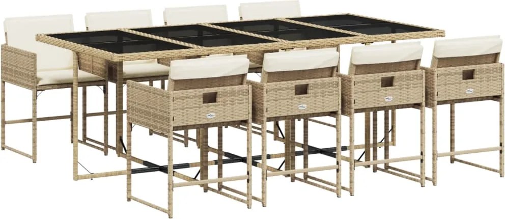 vidaXL Set de masă pentru grădină, 9 piese, cu perne, bej, poliratan