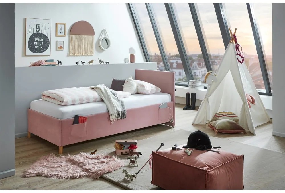 Pat pentru copii roz tapițat cu spațiu de depozitare cu somieră 90x200 cm Cool – Meise Möbel