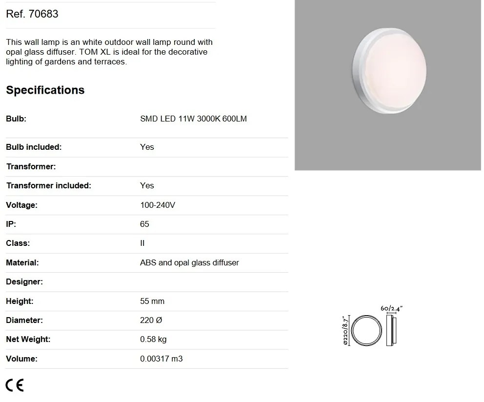 Aplica LED de perete / tavan pentru exterior IP65 TOM XL alba