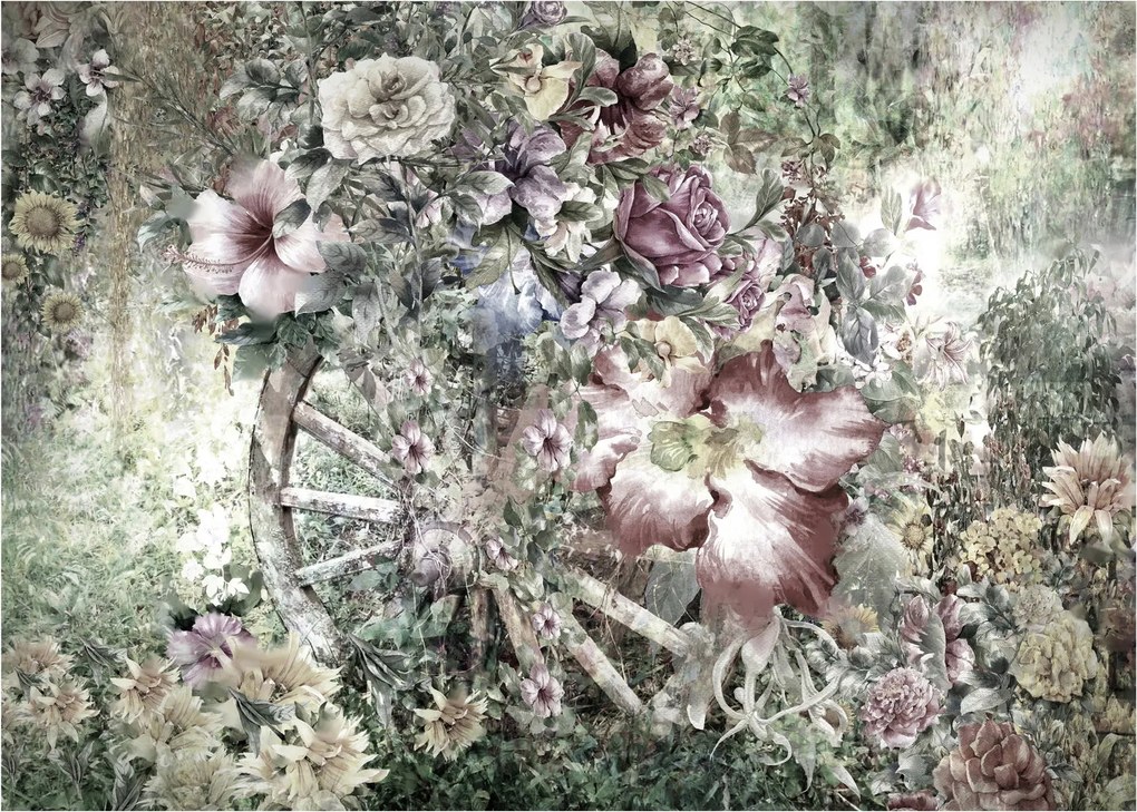 Tablou pe sticlă - Flori pe roata de lemn (70x50 cm)