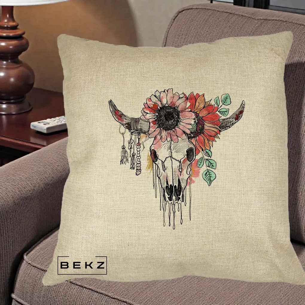 Perna Decorativa Craniu Boho Floral, 40x40 cm, Crem, Husa Detasabila, Perna Inclusa, BEKZ®