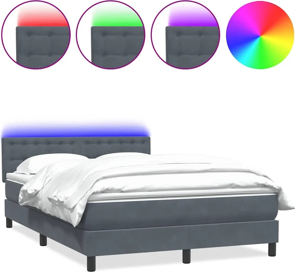 vidaXL Pat cu arcuri cu saltea și LED, gri închis, 140x220 cm, catifea