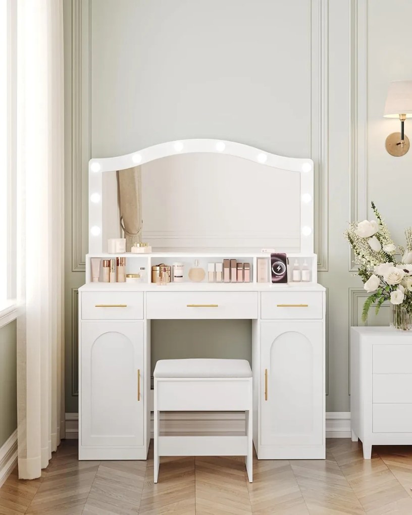 SEA487 - Set Masa toaleta alba, 108 cm cosmetica machiaj, oglinda cu LED, scaun tapitat, masuta vanity cu Priza si USB si Manere Aurii