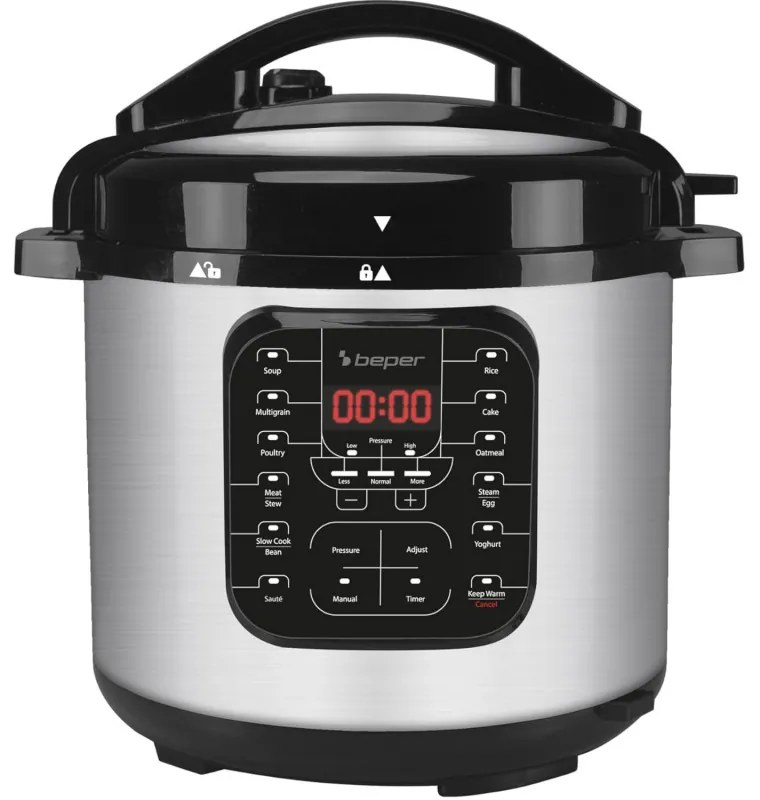 Multicooker sub presiune Beper P101COS001, 1200W, 6 L, 15 programe, Timer, Inox/Negru