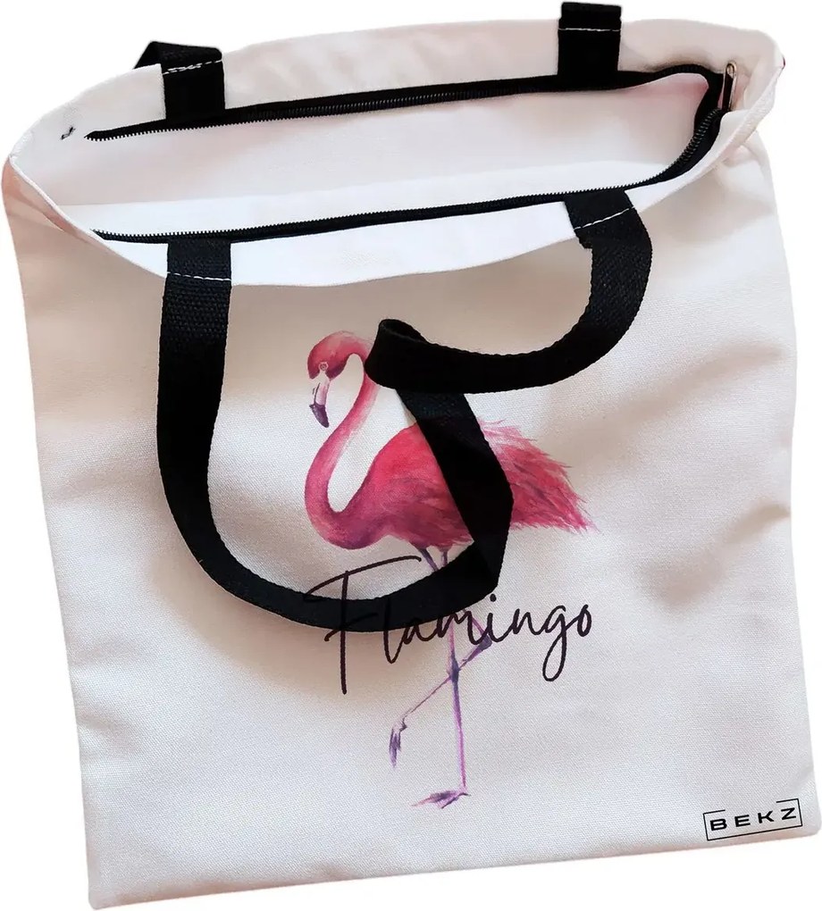 Sacosa de Panza pentru Cumparaturi, Geanta Tote, model Flamingo, Cu fermoar, 38x34.5 cm, Alba, BEKZ®