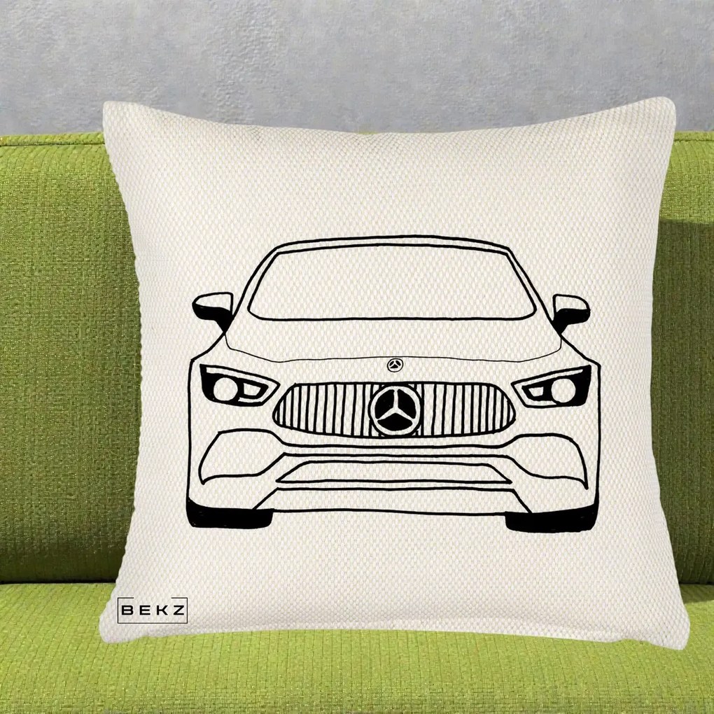 Perna Personalizata Mercedes-Benz Fata Linie, 40x40 cm, Crem Reliefat, Husa Detasabila, Perna Inclusa, BEKZ®