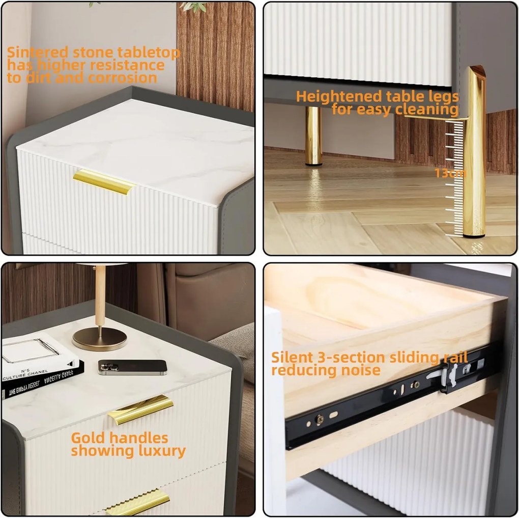 NOG3 - Set 2 Noptiere, 48 cm, cu 2 sertare pentru dormitor, Piele Ecologica si Riflaje - Gri- Alb - Auriu