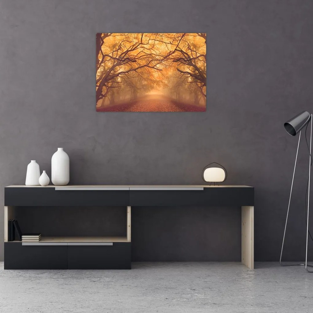 Tablou pe sticlă - Peisaj de toamnă cu drum (70x50 cm)