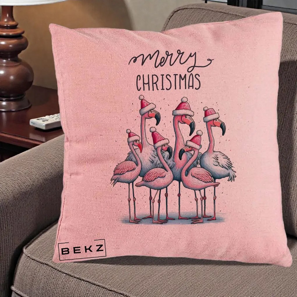 Perna Decorativa Flamingo Merry Christmas, 40x40 cm, Roz, Husa Detasabila, Perna Inclusa, BEKZ®