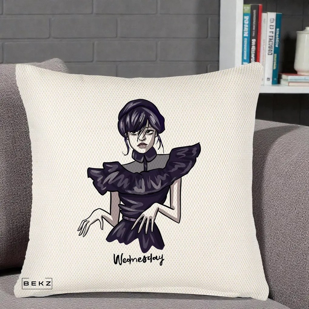 Perna Personalizata Wednesday Addams Dans Gotic, 40x40 cm, Crem Reliefat, Husa Detasabila, Perna Inclusa, BEKZ®