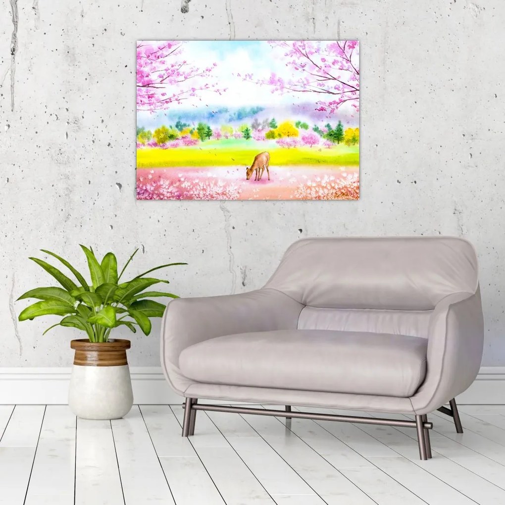 Tablou pe sticlă - Căprioară pictată, acuarelă (70x50 cm)
