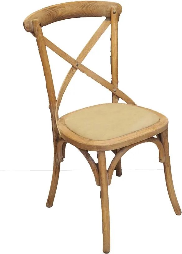 Scaun dining din lemn de stejar și bumbac, bej, cu spătar încrucișat în X, șezut tapițat și arce curbate, 90 x 44 x 42 cm, „Marius”