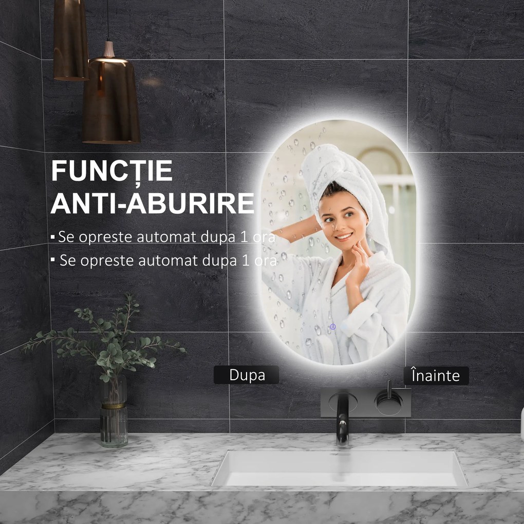 kleankin Oglindă de Perete cu Lumină LED în 3 Culori și Funcție Anti-Aburire, 81x51x4.5 cm, Transparent | Aosom Romania