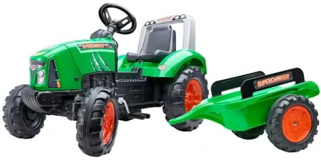 Jucarie tractor cu pedale verde Supercharger cu capota cu deschidere si remorca, Falk, 2021AB