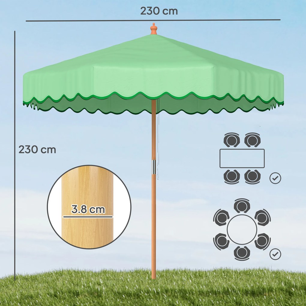 Outsunny Umbrelă de Grădină Rotundă cu Volane Retro Chic Aspect Lemn Protecție Solară UV 230 cm Verde Deschis | Aosom Romania