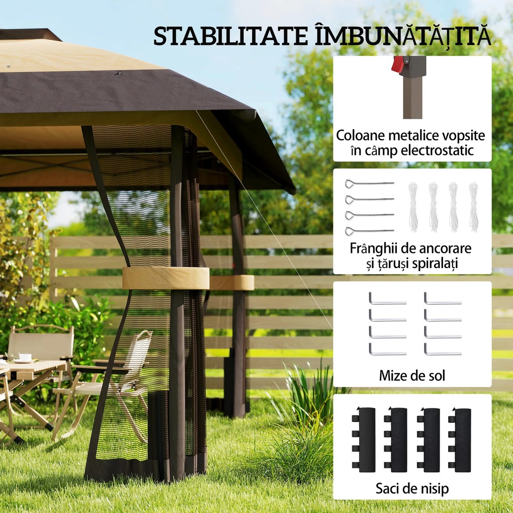 Outsunny Pavilion Pliabil Pavilion de Grădină Pop Up cu Plase de Țânțari, 4x4 m, Kaki | Aosom Romania