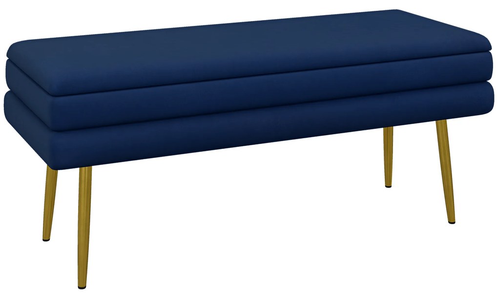 HOMCOM Bancă bancă cutie de depozitare 2 în 1 scaun aspect catifelat și picioare de oțel - 100 x 37,5 x 42 cm bleu și aurit | Aosom Romania