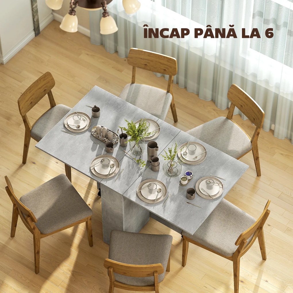 HOMCOM Masă Pliabilă din Lemn cu Roți, pentru 4-6 Persoane, 75x140x75 cm, Gri | Aosom Romania
