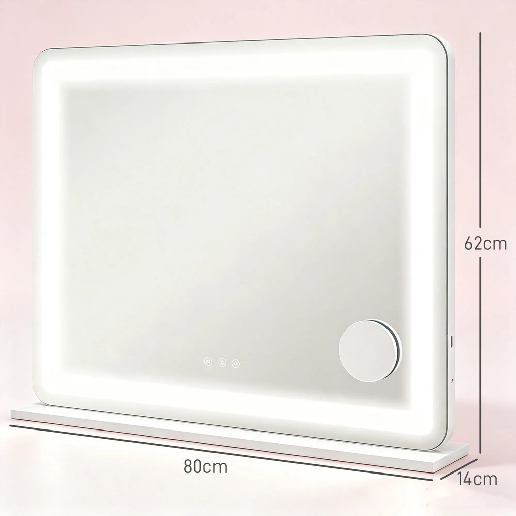 HOMCOM Oglindă de Machiaj cu Lumini LED în 3 Culori, Oglindă de Perete și Masă cu USB, 80x62x14 cm, Alb | Aosom Romania