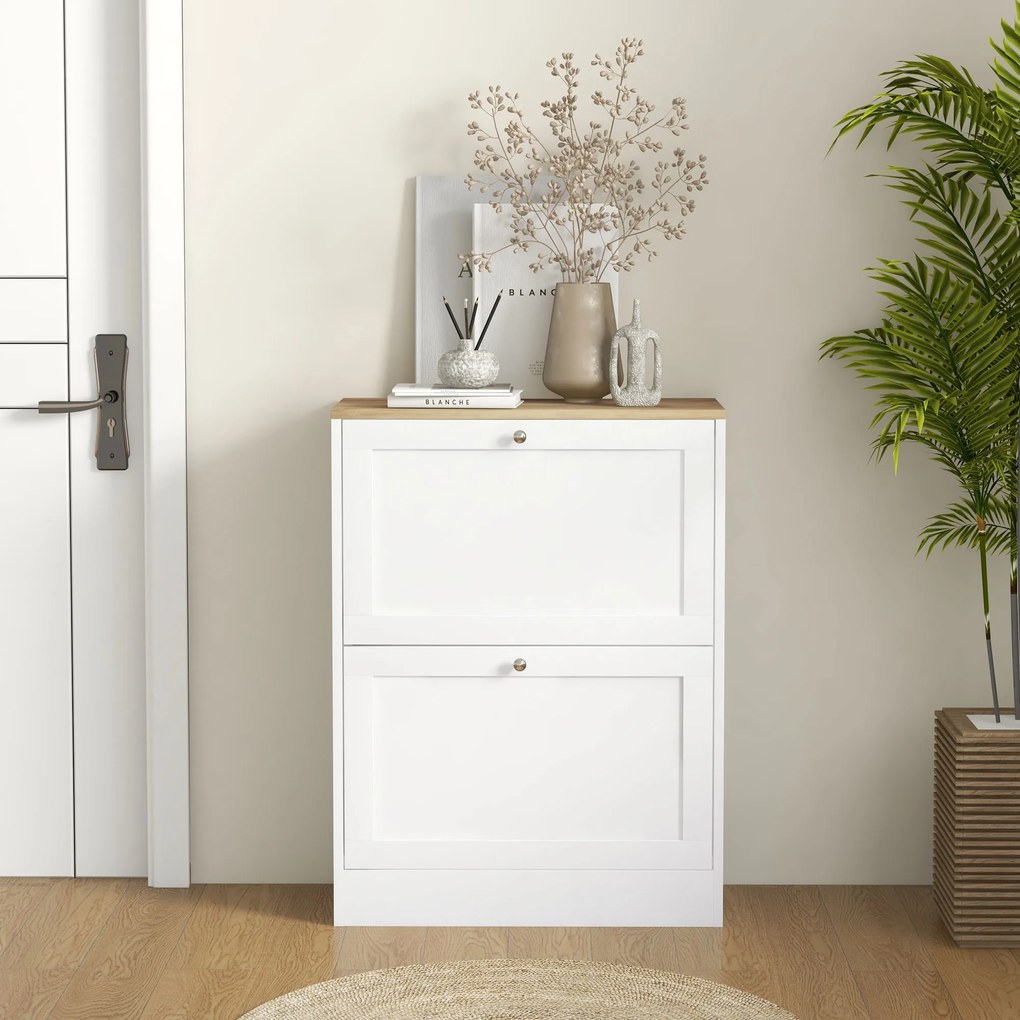 HOMCOM Pantofar Slim cu 2 Uși Rabatabile, Rafturi Reglabile și Detașabile, pentru 8-12 Perechi, 60x23,5x80 cm, Alb | Aosom Romania