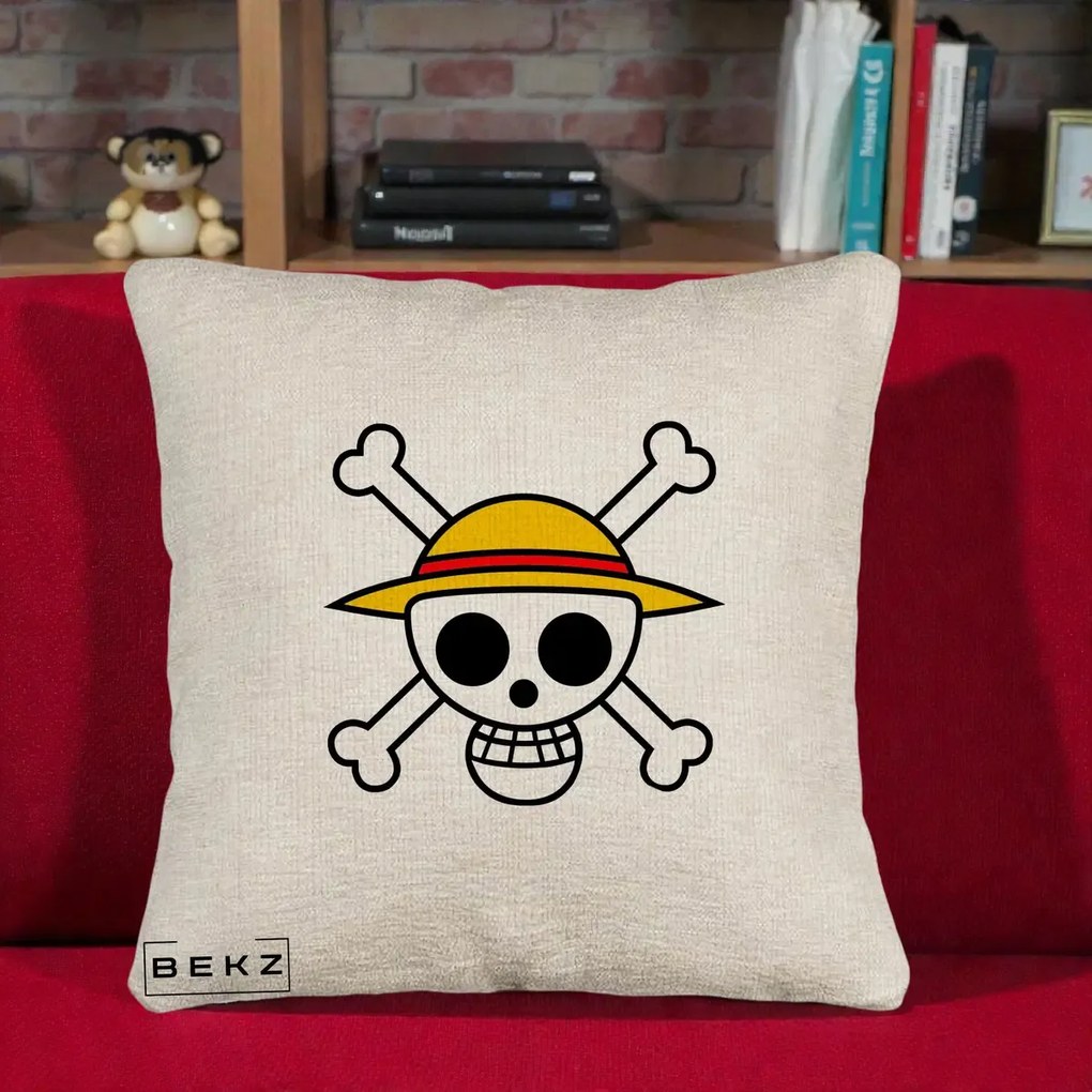 Perna Personalizata One Piece Jolly Roger Straw Hat Pirates, 40x40 cm, Bej Canapea, Husa Detasabila, Perna Inclusa, BEKZ®