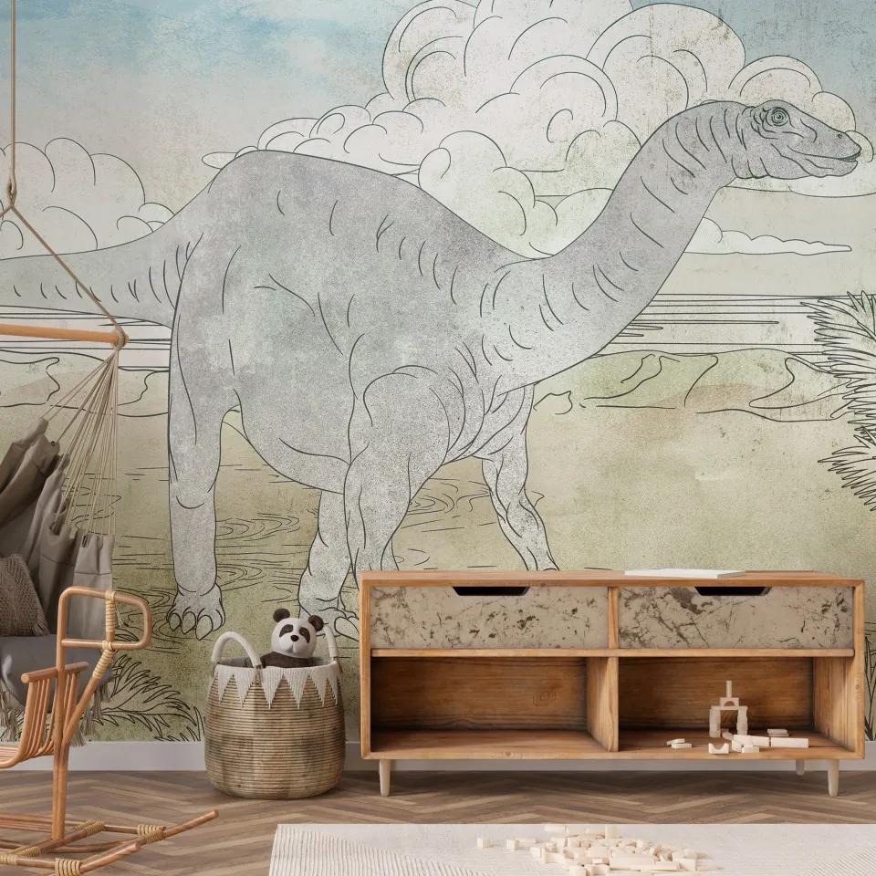 Fototapet - Paradisul Jurasic - dinozaur desenat manual în culori pastelate
