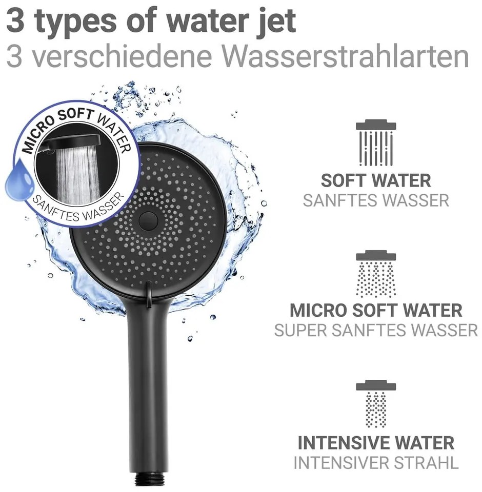 Cap de duș negru mat din plastic ø 12 cm Softwater – Wenko